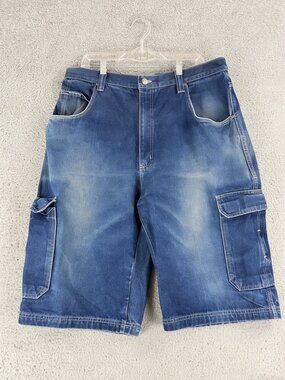 Men's denim cargo shorts, size 40, blue denim, loose fit.